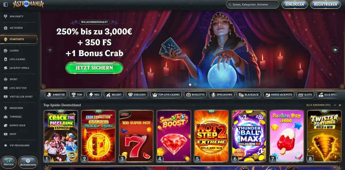 Startseite und Spielelobby von Astromania Casino