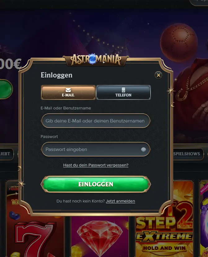 Login-Maske von Astromania Casino