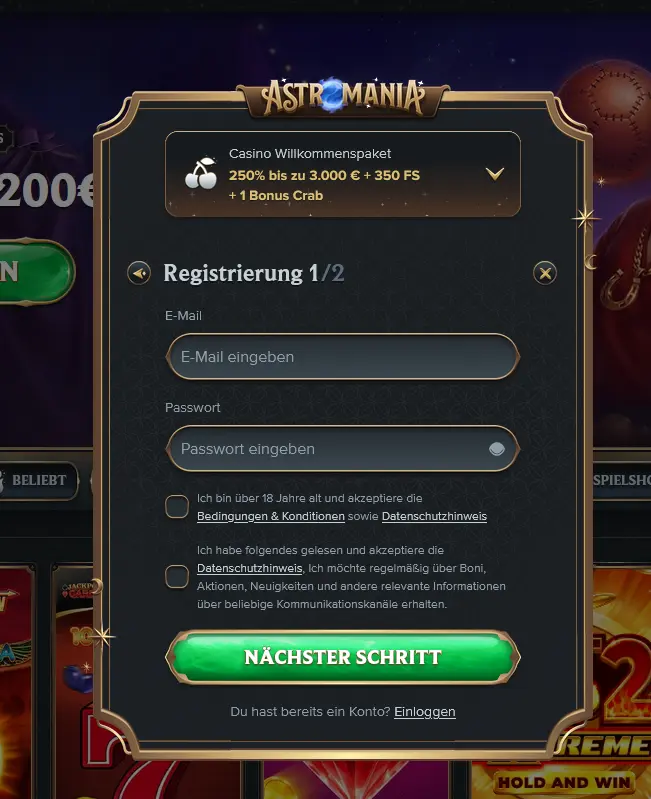 Registrierungsformular von Astromania Casino